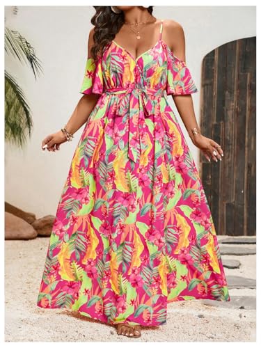 Image of Floerns Women's Plus Size Cold Shoulder Short Sleeve Split Thigh Long Dress