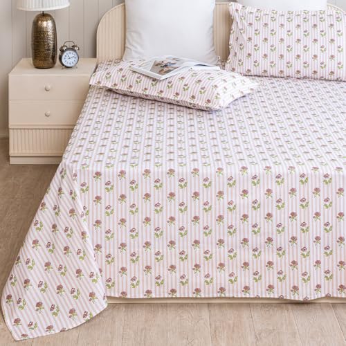 Image of HOMEMONDE Single Size Bedsheet | Cotton Flat Sheet with One Pillow Cover | 186 TC |Floral Design| All-Season Soft Bedsheet for Single Bed (60 x 90 Inch /152 x 229 cm, Peach)