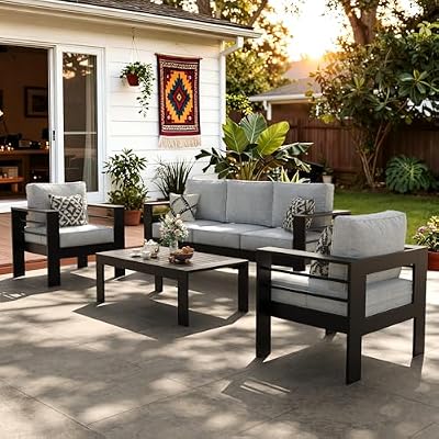 LayinSun Outdoor Aluminum Furniture Set, 4 Pieces Patio Sectional Conversation Chat Sofa Modern Seating Set with Coffee Table
