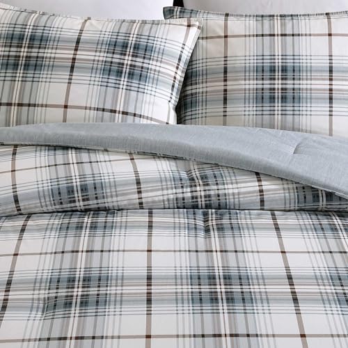 Image of Eddie Bauer - King Comforter Set, Reversible Cotton Bedding with Matching Shams, Plaid Home Decor (Alder Blue /Grey, King)