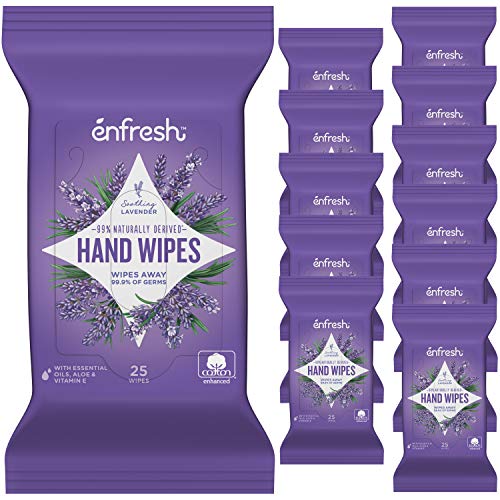 Enfresh Soothing Lavender Naturally Derived Hand Wipes - Wipes Away 99.9% of Germs - 25 Count (Pack of 12, 300 Wet Wipes)