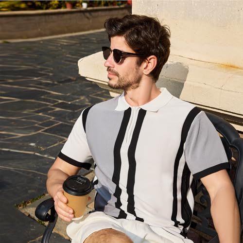 Men's Fashion Knit Polo Shirts Vintage Striped Knitting Shirts Ribbed Slim Fit Golf Shirts2