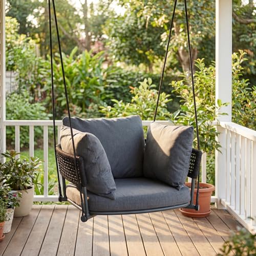 Image of Single Porch Swings Chair with Cushions, Hanging Rope Swing, Hanging Chair for Bedroom, Hammock Chairs Swing Indoor & Outdoor, Macrame Hanging Swinging, Patio, Balcony, Dark Grey