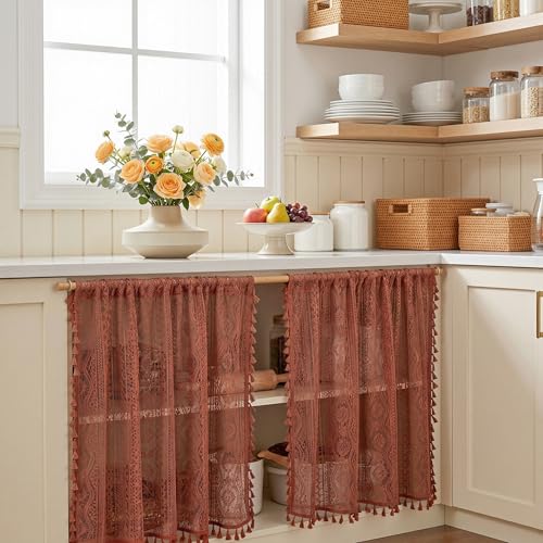 Image of MYSKY HOME Lace Tier Curtains 30 Inch Length 2 Panels Kitchen Cafe Sheer Short Boho Half Country Rod Pocket Curtains for Small Windows Basement Bathroom, 34 inch Wide Each Panel, Terracotta