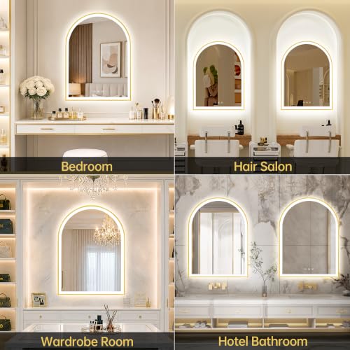 Image of 24 inchx32 inch Arched LED Lighted Bathroom Mirror with Lights | Gold Aluminum Frame, Fogless, Dimmable, Shatterproof, Touch Sensor, 3 Color Changing