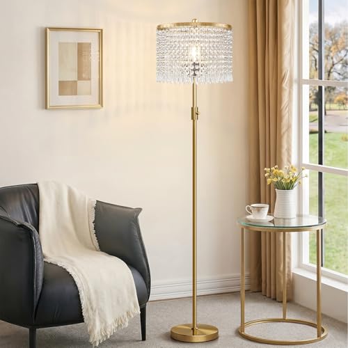 Yemela Upgraded Dimmable Crystal Floor Lamps for Living Room 1000LM LED Bulb Included Standing Lamp with Knob Switch Tall Gold Pole Light for Bedroom Nursery Office Corner Reading