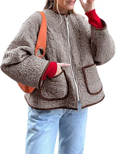 Yousify Womens Jackets Fall Fashion 2025 Crew Neck Quilted Plaid Jacket Full Zipper Coats S-2XL