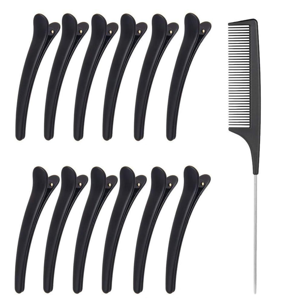 Lekespring Professional Hair Clamp Grips for Women Girls Hairdressing Styling Salon Tool, 12pcs Duckbill Hair Clips + 1pcs Antistatic Tail Comb