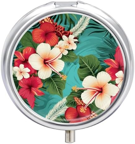 Hawaiian Flowers on Green Background Pill Case Portable Round Pill Boxes Moisture Proof Pill Organizer with 3 Compartment to Hold Vitamins Medication Fish Oil