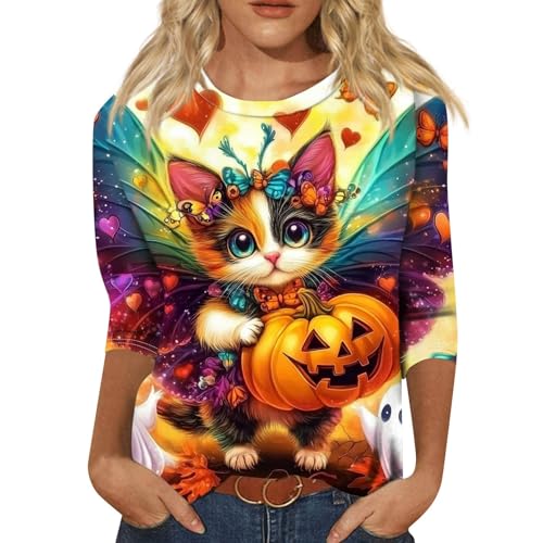 Cute Funny Halloween Shirts for Women Plus Size 3/4 Length Long Sleeve Womens Tops Witch Gothic Renaissance Shirt