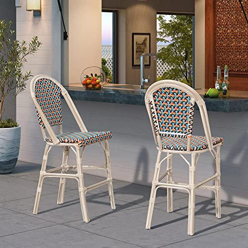Image of PURPLE LEAF French Counter Height Bar Stool Set of 2 25 inch White Print Finish Patio Bar Chairs with Back Rattan Bar Chairs French Bistro Set for Kitchen Outdoor Counter Stool Colorful