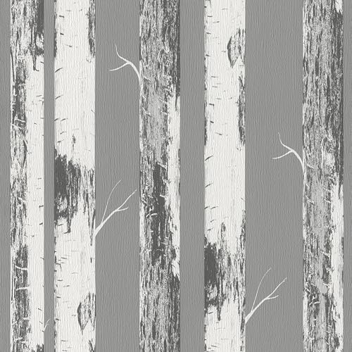 home style Tapete 285420 - Graue Papiertapete mit Birkenstämmen, Birkenwald - 10,05m x 0,53m