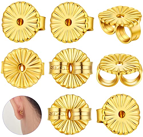 8Pcs Large Earring Backs,925 Sterling Silver Earring Backs for Studs,8mm Adjustable Hypoallergenic Earring Backs Locking Fit 0.028-0.039inch Post(Gold)