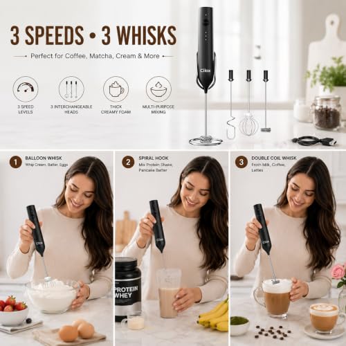 Image of Rechargeable Milk Frother Handheld with 3-Speed & 3 Detachable Stainless Whisks with Stand, Electric Whisk Frother Wand, Mixer Wand for Coffee, Lattes, Cappuccino & Matcha