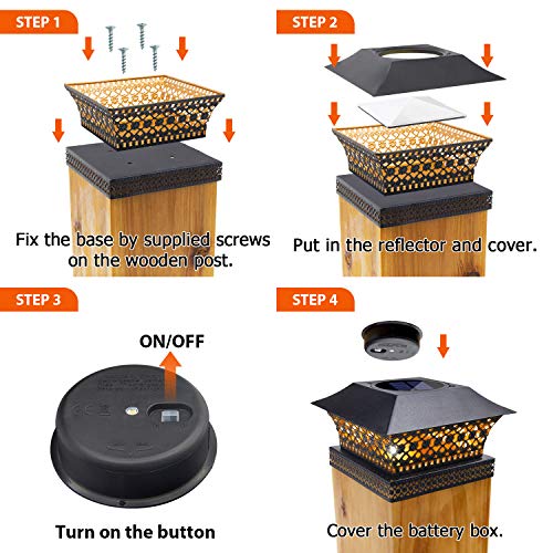 Siedinlar Solar Post Lights Outdoor Fence Deck Cap Light Solar Powered Metal Warm White LED Lighting Waterproof for Garden Patio Decoration 4x4 5x5 Wooden Posts Black (2 Pack)