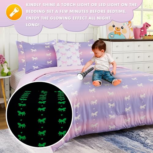 Image of Cokouchyi Twin Comforter Sets for Boys Girls, Unicorn Glow in The Dark Kids Bedding Sets, 5 Pcs Twin Bed in a Bag with Comforter, Sheets, Pillow Sham, Cushion Cover, Unicorn