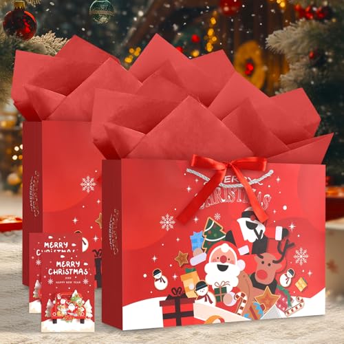 Image of JMANNI Christmas Gift Bags,1PCS Large christmas Gift Bag with Ribbon and 1 Greeting Card 2 Tissue Papers, Portable Paper Gift Bag with Handles, Reusable and Perfect For Your Xmas Presents （Red）