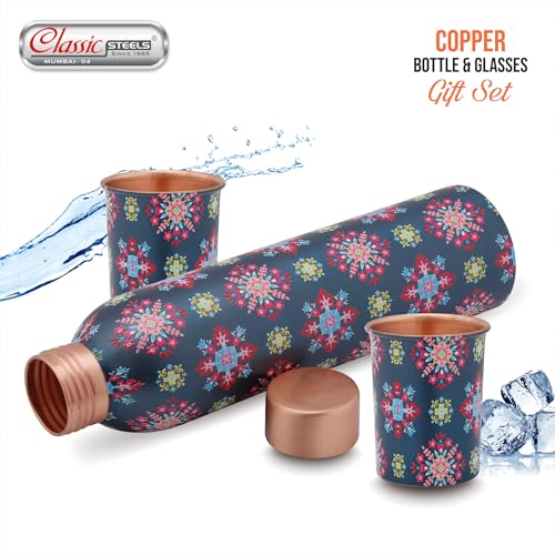 Image of Classic Steels Elegant Ethnic Green Copper Water Bottle Set with 2 Glasses - 1L Capacity | Best Gift For Diwali, Wedding Anniversary And All Other Occasions. (Blue Ethnic Copper Bottle Set)
