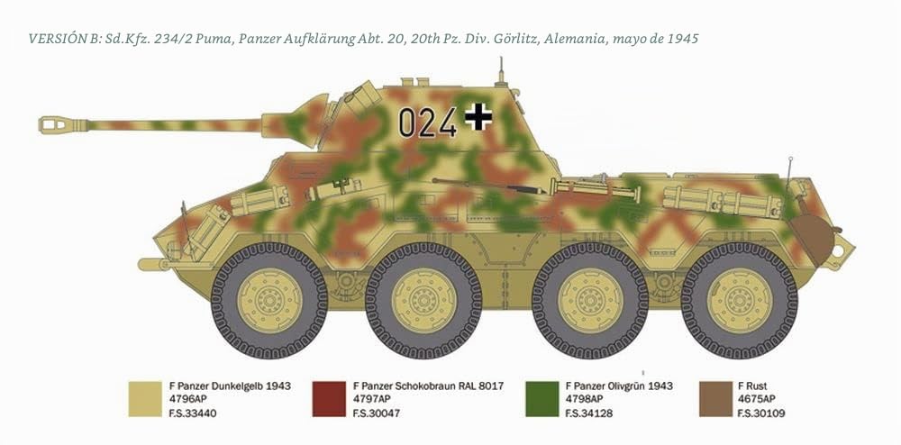 Italeri 6572 6572S 1:35 German SdKfz. 234/2 Puma Réplica fiel de 8 ruedas, construcción de modelos, kit de plástico, manualidades, pasatiempos, pegado, kit de modelo, montaje, sin pintar, multicolor