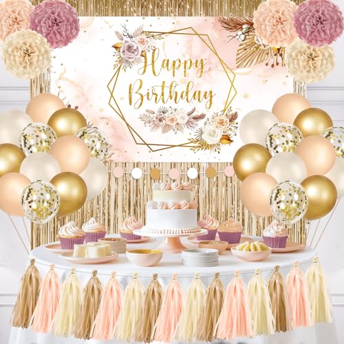 Boho Birthday Decorations: Neutral Beige Champagne-Gold Banner, C...