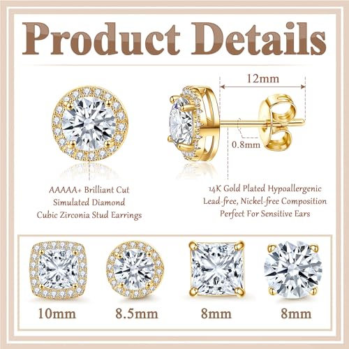 Cubic Zirconia Stud Earrings for Women Men 14K Gold Plated Halo Stud Earrings Hypoallergenic Earrings CZ Halo Stud Earrings for Sensitive Ears3