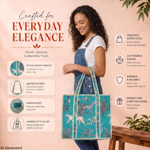 Image of 100% Cotton Jungle Print Shoulder Bag Tote Bag Women Reversible Shopping Bag and Grocery Bags Stylish Travel Bag Gift for Her