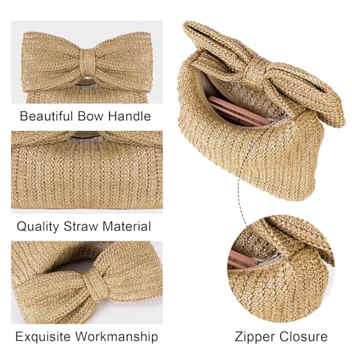 Image of Ladies Straw Bow Purse Summer Clutch Bag Holiday Beach Handbag Formal Party Wedding 2024 New (pink)