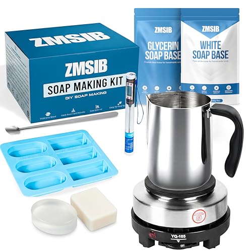 Soap Making Kit for Adults & Beginners | Complete DIY Soap Maker Set | 900ml Stainless Steel Melting Pot | Electric Stove | 2-in-1 Silicone Mold | Clear & White Soap Base | ZMSIB Premium Kit