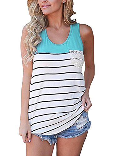 Hount Women's O Neck Striped Racerback Tank Tops Cotton Sleeveless Casual Tunic Top Shirt (Large, Blue)
