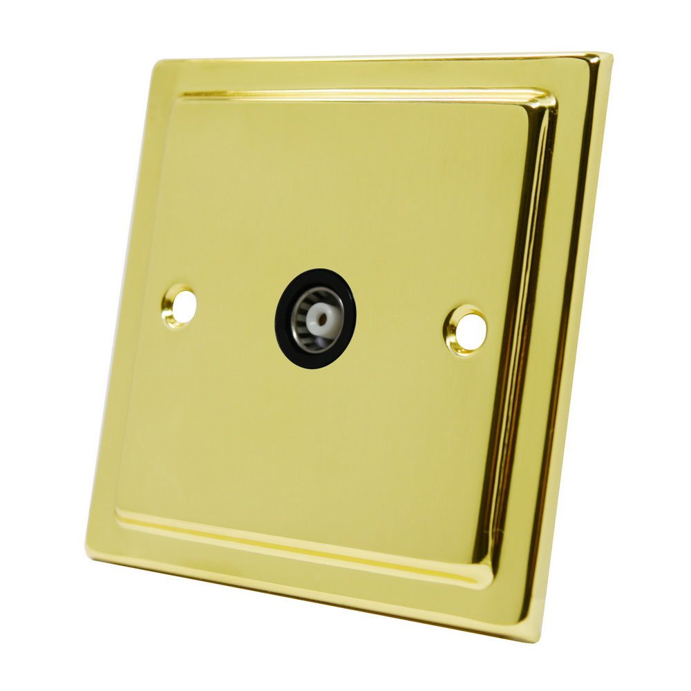 Victorian Polished Brass 1 Gang TV Socket Black Insert - Single 1-Gang Aerial Coaxial Female Socket