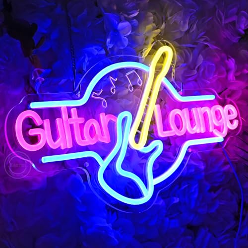 Image of Britrio Guitar Neon Sign Wall Art Decor Lounge Live Music Studio Band Room Home Office Bedroom Man Cave Bar Club Light Up Rock Roll Sign Wedding Birthday Party Gift 16.5 IN
