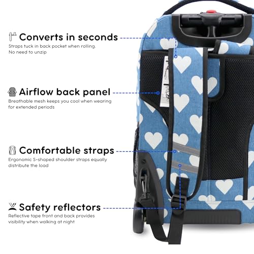 Image of J World Sundance Laptop Rolling Backpack for Girls Boys. Roller Bookbag with Wheels, 20 Inch, Demim Heart