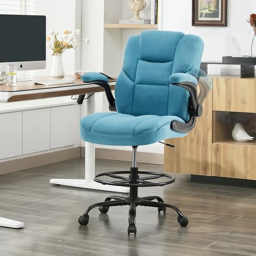 Image of Drafting Chair 500Lbs, Tall Office Chair for Standing Desk, Fabric Executive Office Chair with Flip-up Armrests, Ergonomic High Chair with Adjustable Foot Ring, Comfy Stool Chairs, Blue