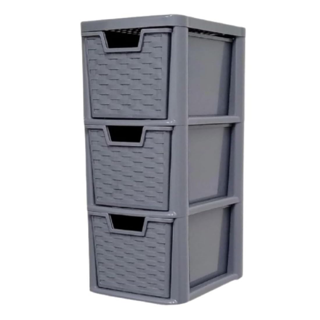 Khanary Rattan Grey 3 Plastic Storage Drawer Rattan Style Medium Drawer Multipurpose 3 Tier For Home Office Kitchen Bath Bedroom Garage Study Stationery Toys Books Magazines (H)48 (D)25 (W)19Cm Grey