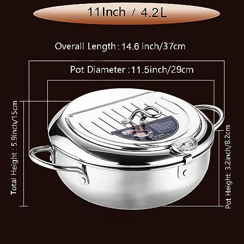 Image of Deep Fryer Pot - Japanese Tempura Small Deep Fryer Stainless Steel Frying Pot With Thermometer,Lid And Oil Drip Drainer Rack for French Fries Shrimp Chicken Wings and Shrimp (28cm /11inch)