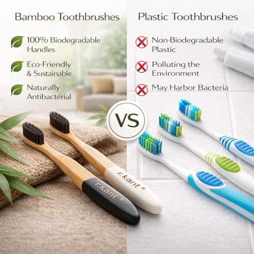 Image of R.Kant Pack of 2 Bamboo Toothbrush Combo for Adults | White & Black | Charcoal Infused Soft Bristles | Eco-Friendly Handle | Includes 2 Toothbrushes & 1 Bamboo Tongue Cleaner