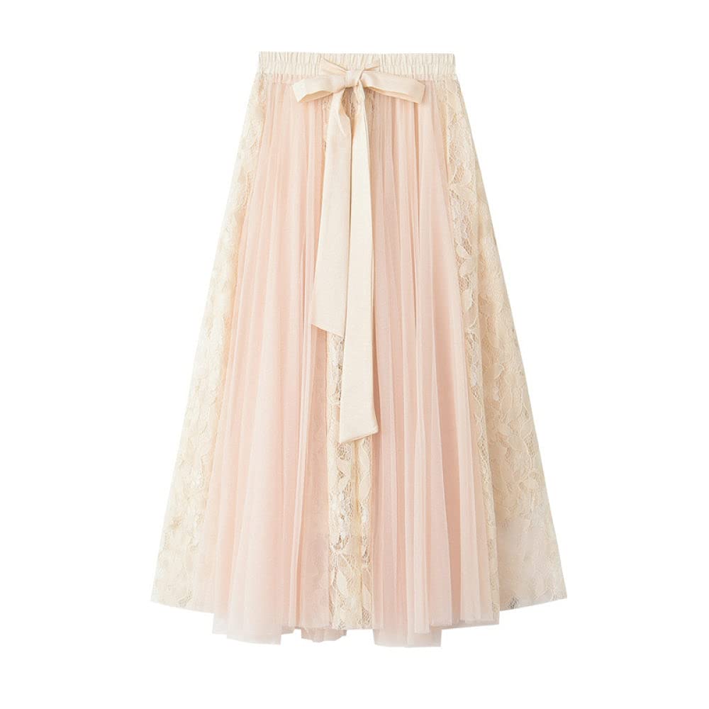 Röcke,Damen Maxirock Beige Elastische Hohe Taille Spitze Spleißen Tüll Faltenrock Süße A-Linie Geraffte Geschichtete Elegante Lange Röcke Für Mädchen Damen,S