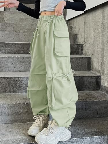 Image of Girls Cargo Pants Wide-Leg Straight Streetwear, 6-14 Years | Elastic Drawstring Vintage Baggy Pants Y2K School Casual