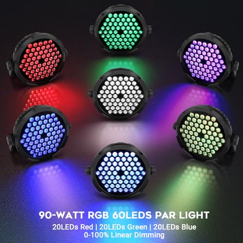 90W 60LEDs Par Lights 2Pack - RGB Stage Par Lights Sound Activated by Remote & DMX Control Uplights for Events Church Wedding Music Dance Show DJ Party Lighting - Image 3