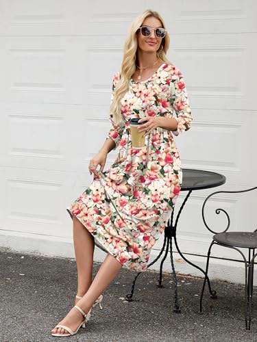 Image of Heymoments Women's Casual 3 /4 Sleeve Midi Dress Crewneck A Line Tiered Flowy Loose Travel Long Dresses with Pockets