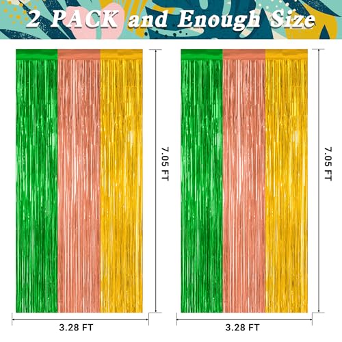 Image of ZATAYE 2 Pack Green Brown Yellow Hawaiian Luau Foil Curtain Decorations | Green Brown Yellow, Metallic Foil, 3.28 x 7.05 FT, Tinsel Backdrop, Foil Curtain Streamer, Luau Party