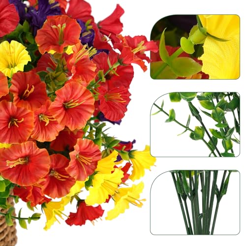 Image of Artificial Flowers for Outdoors, UV Resistant Fake Silk Morning Glory, Realistic Faux Plants for Outside Porch Patio Window Box Hanging Planter (16, Orange)