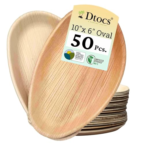 Dtocs Palm Leaf Plates (50) 10" x 6" Oval | Bamboo Plates Disposable Look Compostable Dinnerware For Wedding, Party Dinner | BBQ Platter Trays Alternate to Plastic, Wooden Paper Plate
