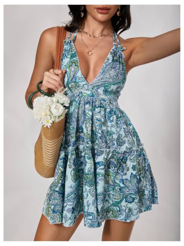 Image of SOLY HUX Women's Summer Boho Paisley Print Halter Dress Deep V Neck Tie Backless Sleeveless Mini Dresses Sundress