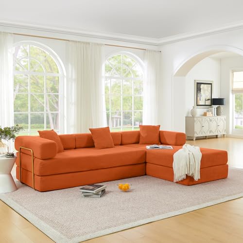 Image of HANXIN 108 inch Modular Sectional Sofa,Futon Convertible Sofa Bed,Oversized Corduroy Boneless Couch for Living Room,Floor Loveseat Sleeper with Pull Out Bed,Free Combination,No Assembly Required (Orange)