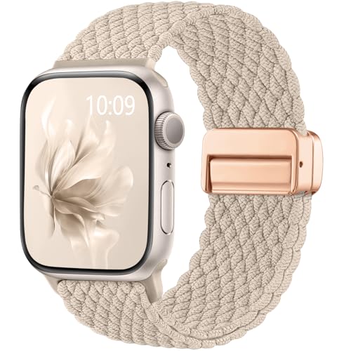 Easuny Braided Strap Compatible with Apple Watch Straps 40mm 42mm 41mm 38mm Women Men - Magnetic Stretchy Elastic Nylon Band for iWatch Strap Series 11 10 SE 9 8 7 6 5 4 3 2 1 - Champagne