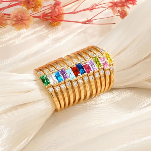 TOBENY Gold Birthstone Rings for Women 14K Gold Plated Non Tarnish Stackable Rings Dainty Emerald Green Gemstone Cubic Zirconia Engagement Wedding Ring for Birthday Jewelry Gifts Size 6-103