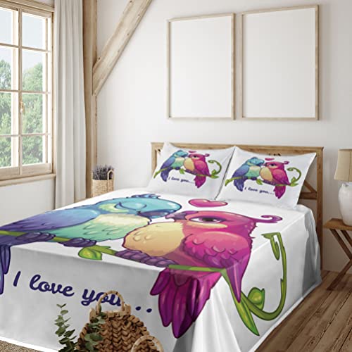 Ambesonne Animal Sheet Set, Parrot Couple on The Branch with Heart Deep Intimate Mutual Feelings Art, Fitted and Flat Sheet with Pillowcase Bedding Accent 3 Piece Set, Twin, Pink Teal White