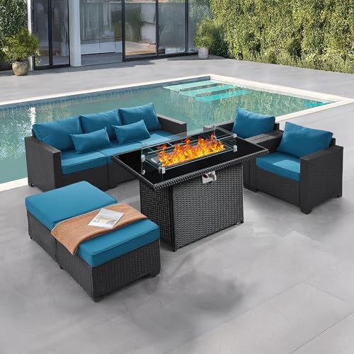 6 Pieces Outdoor Patio Furniture Sets with Furniture Cover, PE Rattan Wicker Patio Conversation Set with 60000 BTU Outdoor Propane Fire Pit Table(Peacock Blue, Fire Pit Table)