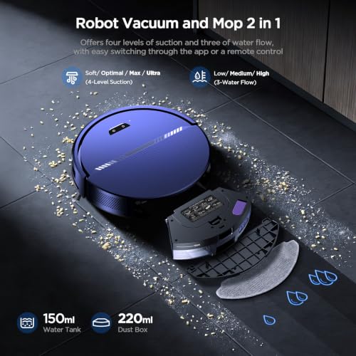 Image of Robot Vacuum and Mop Combo, 8000Pa Strong Suction 2 in 1 Vacuum Robot with Mopping, with Schedule, Wi-Fi /App /Remote, Self-Charging, Slim, Ideal for Hard Floor, Pet Hair, Low-Pile Carpet